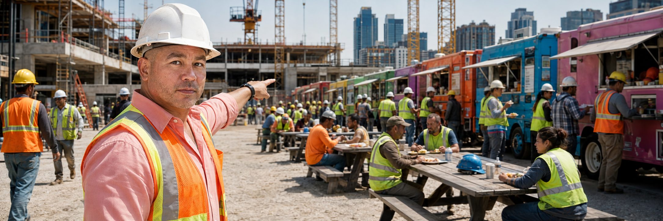 Food truck lunch service at a construction site | Job Site Route Food trucks serving lunch to construction workers on a high-rise job site