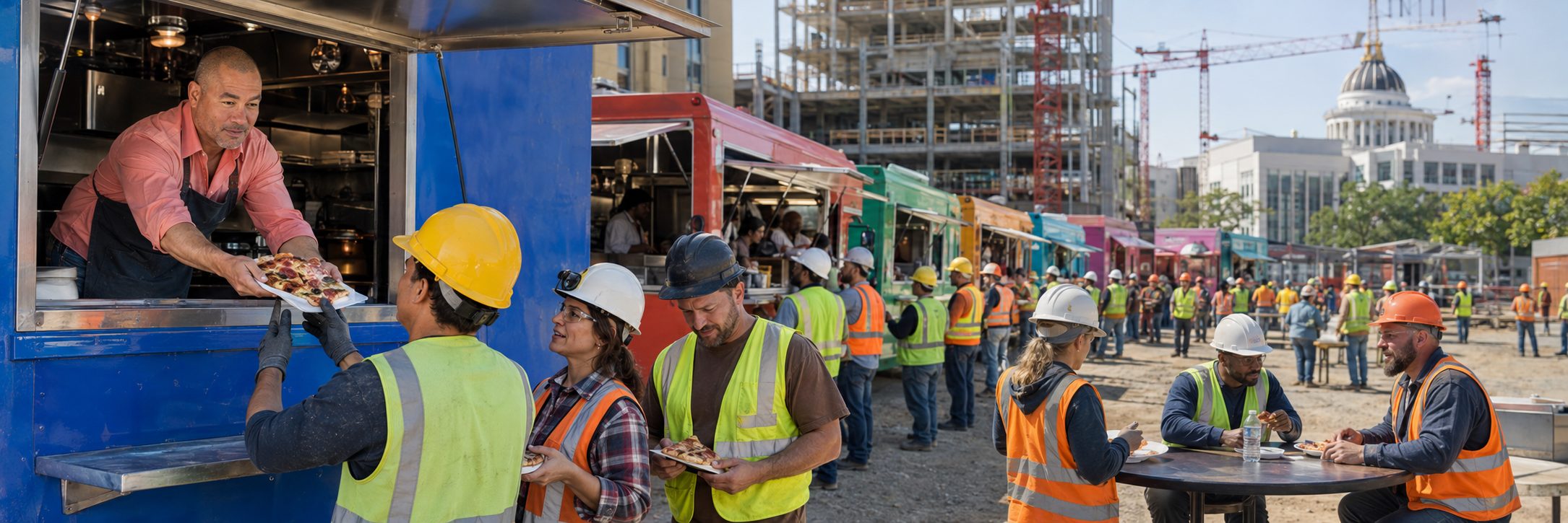 Food truck row at an industrial job site | Job Site Route Row of food trucks serving crews at an industrial refinery job site