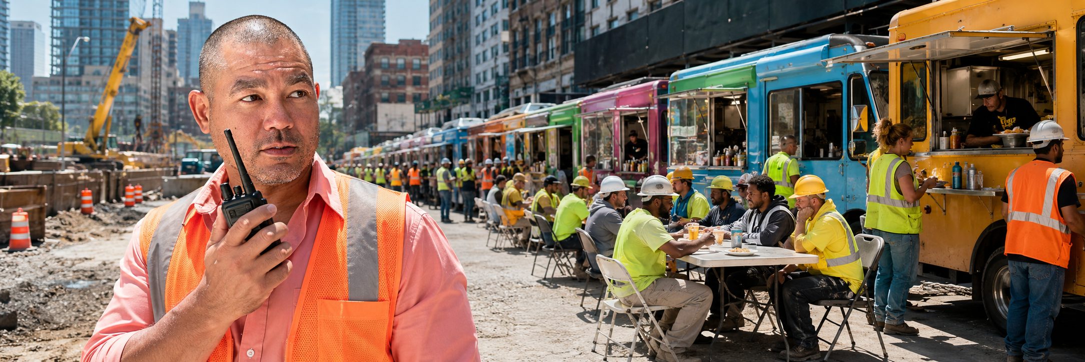 Food truck row at an industrial job site | Job Site Route Row of food trucks serving crews at an industrial refinery job site