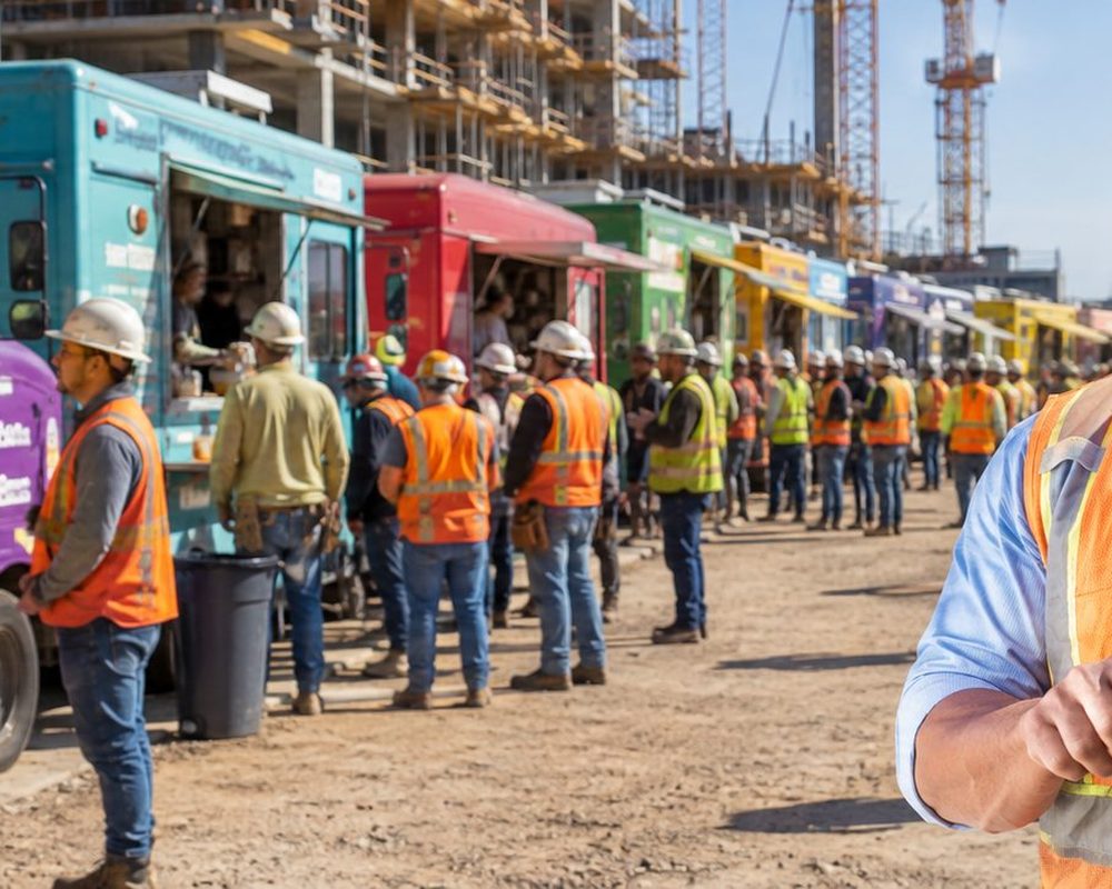 Browse Menus & Pre-Order | Job Site Route Browse Menus & Pre-Order โ Food trucks serving lunch to construction workers on a high-rise job site