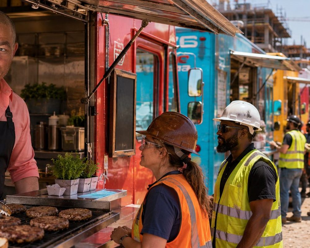 Contractors Post Job Sites | Job Site Route Contractors Post Job Sites โ Food trucks serving lunch to construction workers on a high-rise job site