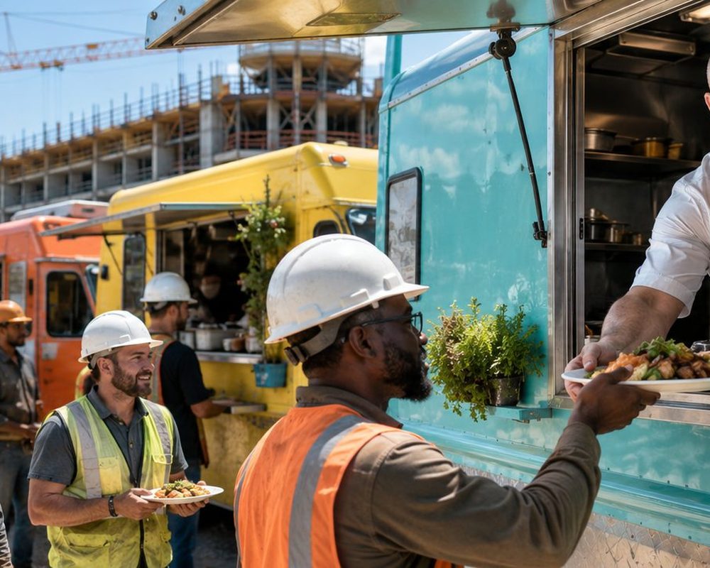 Optimized Delivery Routes | Job Site Route Optimized Delivery Routes โ Food trucks serving lunch to construction workers on a high-rise job site