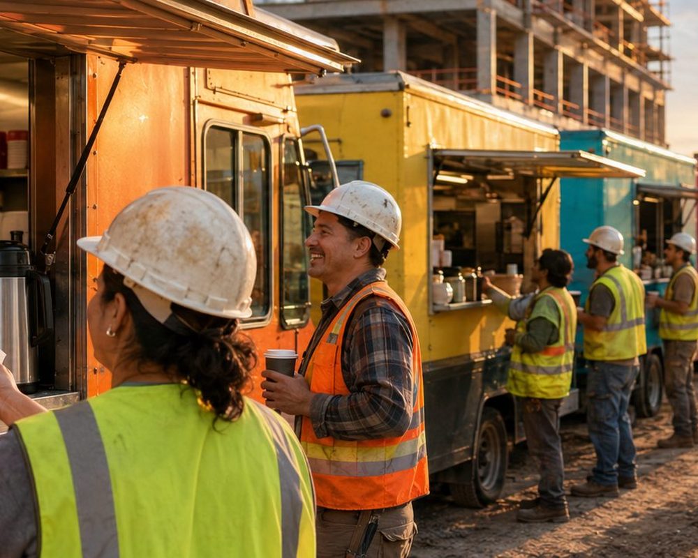 Publish Your Menu | Job Site Route Publish Your Menu โ Food trucks serving lunch to construction workers on a high-rise job site