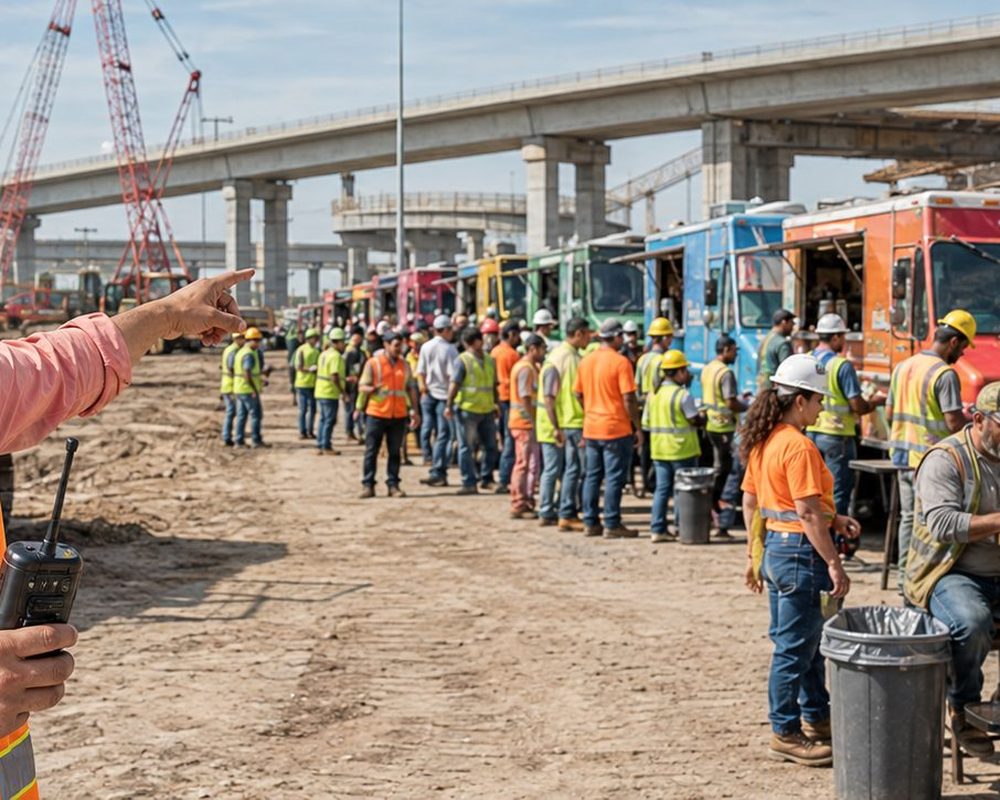 Real-Time Coordination | Job Site Route Real-Time Coordination โ Food trucks serving lunch to construction workers on a high-rise job site