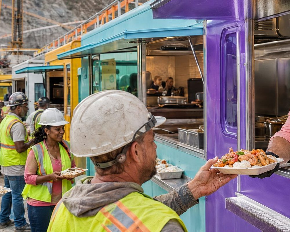 Secure In-App Payments | Job Site Route Secure In-App Payments โ Food trucks serving lunch to construction workers on a high-rise job site