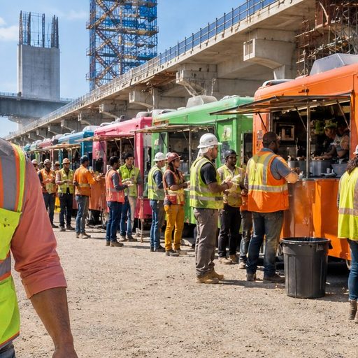 Job Site Route โ food trucks that come to your crew Food trucks lined up serving a busy construction site
